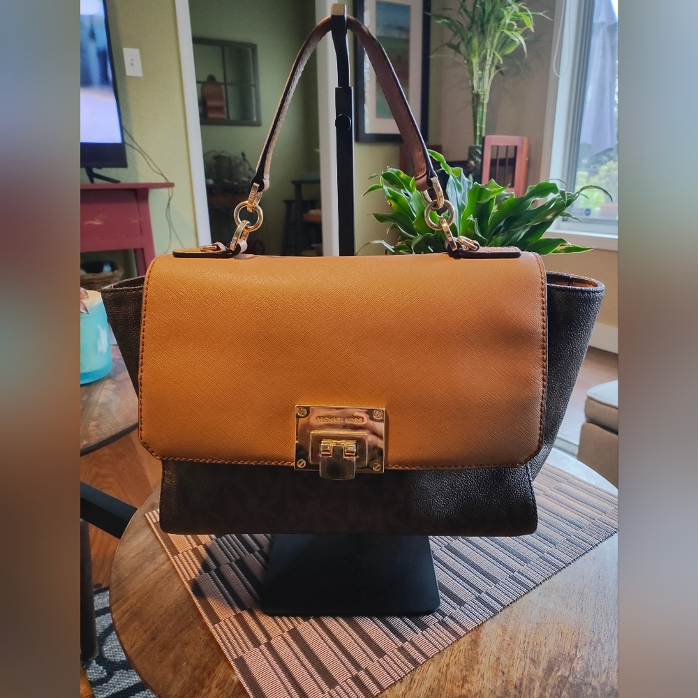 Michael Kors Brown And Tan Monogram Top Handle Satchel
